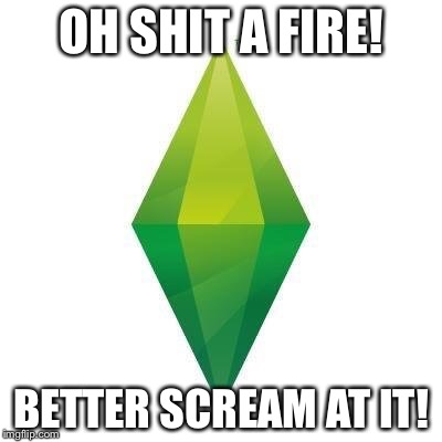 Sims logic | OH SHIT A FIRE! BETTER SCREAM AT IT! | image tagged in sims logic | made w/ Imgflip meme maker