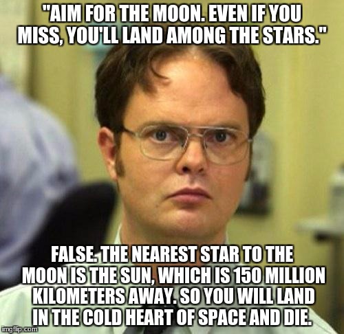 False | "AIM FOR THE MOON. EVEN IF YOU MISS, YOU'LL LAND AMONG THE STARS."; FALSE. THE NEAREST STAR TO THE MOON IS THE SUN, WHICH IS 150 MILLION KILOMETERS AWAY. SO YOU WILL LAND IN THE COLD HEART OF SPACE AND DIE. | image tagged in false | made w/ Imgflip meme maker