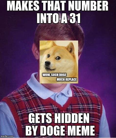 Bad Luck Brian Meme | MAKES THAT NUMBER INTO A 31 GETS HIDDEN BY DOGE MEME WOW, SUCH DOGE MUCH REPLACE | image tagged in memes,bad luck brian | made w/ Imgflip meme maker
