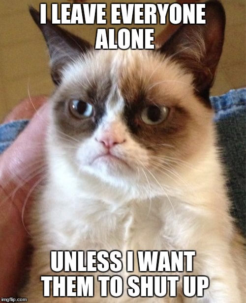 Grumpy Cat Meme | I LEAVE EVERYONE ALONE UNLESS I WANT THEM TO SHUT UP | image tagged in memes,grumpy cat | made w/ Imgflip meme maker