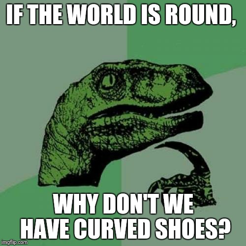 Philosoraptor Meme | IF THE WORLD IS ROUND, WHY DON'T WE HAVE CURVED SHOES? | image tagged in memes,philosoraptor | made w/ Imgflip meme maker