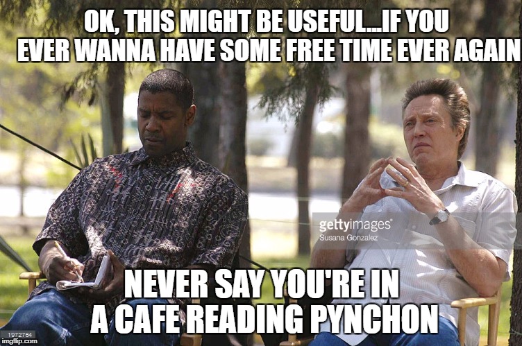free time... | OK, THIS MIGHT BE USEFUL...IF YOU EVER WANNA HAVE SOME FREE TIME EVER AGAIN; NEVER SAY YOU'RE IN A CAFE READING PYNCHON | image tagged in literature | made w/ Imgflip meme maker