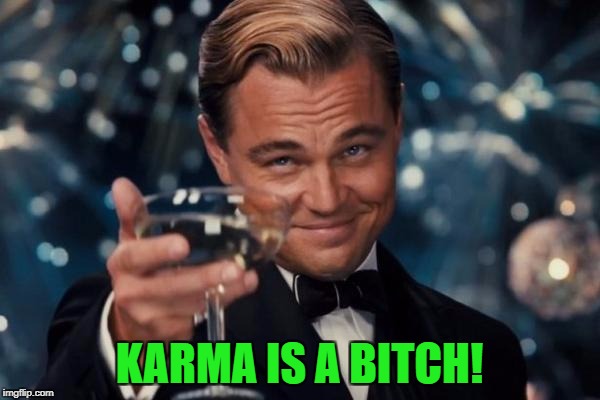 Leonardo Dicaprio Cheers Meme | KARMA IS A B**CH! | image tagged in memes,leonardo dicaprio cheers | made w/ Imgflip meme maker