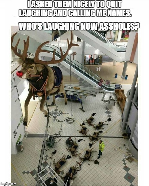 Rudolph's revenge. They never seen it coming. | I ASKED THEM NICELY TO QUIT LAUGHING AND CALLING ME NAMES. WHO'S LAUGHING NOW ASSHOLES? | image tagged in rudolph,santa claus,merry christmas | made w/ Imgflip meme maker