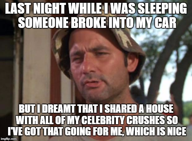 So I Got That Goin For Me Which Is Nice | LAST NIGHT WHILE I WAS SLEEPING SOMEONE BROKE INTO MY CAR; BUT I DREAMT THAT I SHARED A HOUSE WITH ALL OF MY CELEBRITY CRUSHES SO I'VE GOT THAT GOING FOR ME, WHICH IS NICE | image tagged in memes,so i got that goin for me which is nice | made w/ Imgflip meme maker