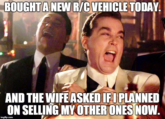Good Fellas Hilarious Meme | BOUGHT A NEW R/C VEHICLE TODAY. AND THE WIFE ASKED IF I PLANNED ON SELLING MY OTHER ONES NOW. | image tagged in memes,good fellas hilarious | made w/ Imgflip meme maker