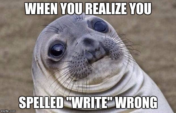 Awkward Moment Sealion Meme | WHEN YOU REALIZE YOU SPELLED "WRITE" WRONG | image tagged in memes,awkward moment sealion | made w/ Imgflip meme maker