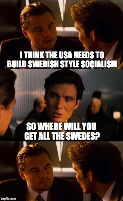 Inception Meme | I THINK THE USA NEEDS TO BUILD SWEDISH STYLE SOCIALISM; SO WHERE WILL YOU GET ALL THE SWEDES? | image tagged in memes,inception,socialism,economics | made w/ Imgflip meme maker