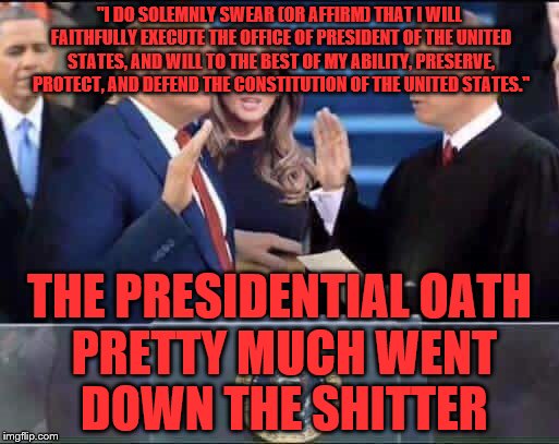 Trump POTUS Oath swearing | "I DO SOLEMNLY SWEAR (OR AFFIRM) THAT I WILL FAITHFULLY EXECUTE THE OFFICE OF PRESIDENT OF THE UNITED STATES, AND WILL TO THE BEST OF MY ABILITY, PRESERVE, PROTECT, AND DEFEND THE CONSTITUTION OF THE UNITED STATES."; THE PRESIDENTIAL OATH PRETTY MUCH WENT     DOWN THE SHITTER | image tagged in trump potus oath swearing | made w/ Imgflip meme maker
