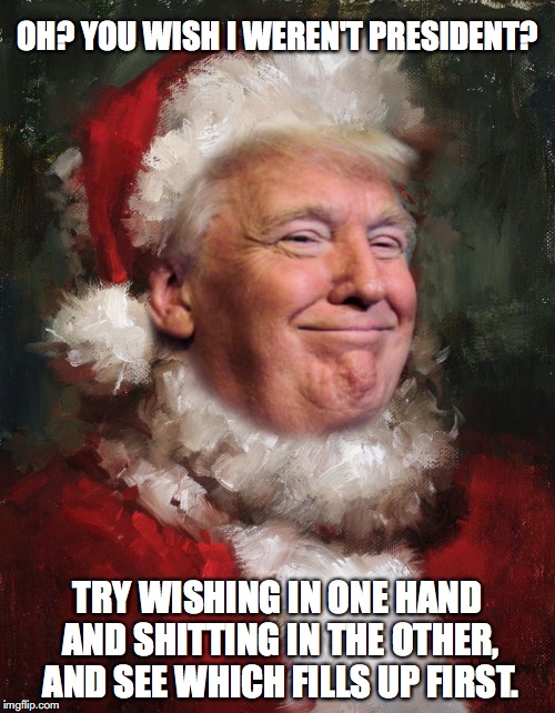OH? YOU WISH I WEREN'T PRESIDENT? TRY WISHING IN ONE HAND AND SHITTING IN THE OTHER, AND SEE WHICH FILLS UP FIRST. | image tagged in trump,santa | made w/ Imgflip meme maker