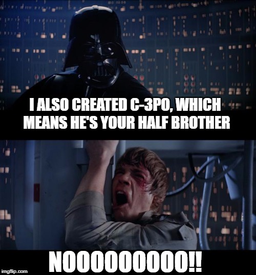 Star Wars No Meme | I ALSO CREATED C-3PO, WHICH MEANS HE'S YOUR HALF BROTHER; NOOOOOOOOO!! | image tagged in memes,star wars no | made w/ Imgflip meme maker