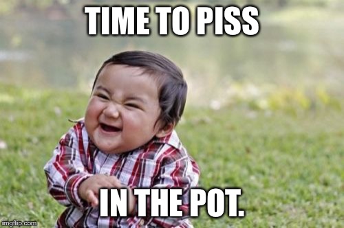 Evil Toddler Meme | TIME TO PISS IN THE POT. | image tagged in memes,evil toddler | made w/ Imgflip meme maker