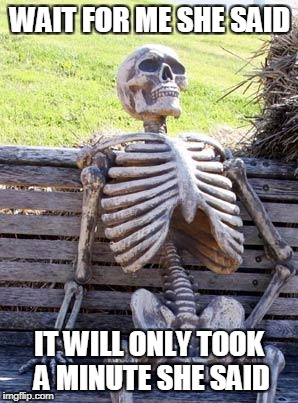 Waiting Skeleton Meme | WAIT FOR ME SHE SAID; IT WILL ONLY TOOK A MINUTE SHE SAID | image tagged in memes,waiting skeleton | made w/ Imgflip meme maker
