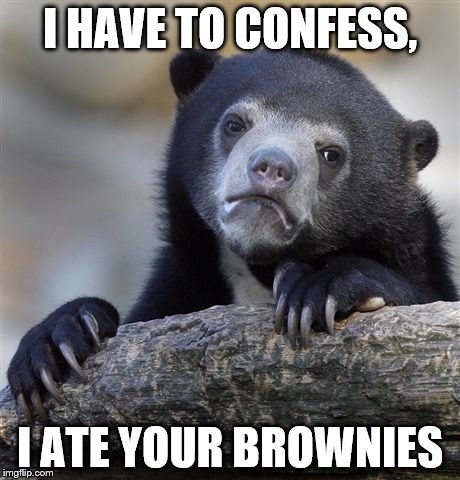 Confession Bear | I HAVE TO CONFESS, I ATE YOUR BROWNIES | image tagged in memes,confession bear | made w/ Imgflip meme maker