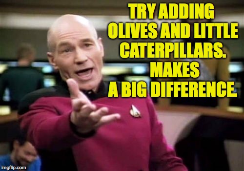 Picard Wtf Meme | TRY ADDING OLIVES AND LITTLE CATERPILLARS.  MAKES A BIG DIFFERENCE. | image tagged in memes,picard wtf | made w/ Imgflip meme maker
