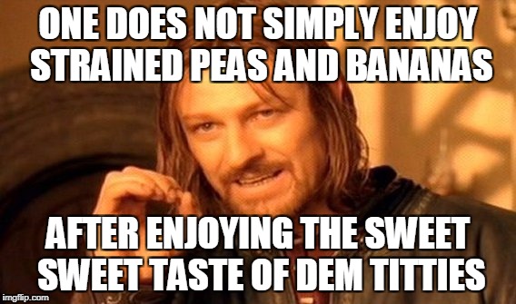 One Does Not Simply Meme | ONE DOES NOT SIMPLY ENJOY STRAINED PEAS AND BANANAS; AFTER ENJOYING THE SWEET SWEET TASTE OF DEM TITTIES | image tagged in memes,one does not simply | made w/ Imgflip meme maker