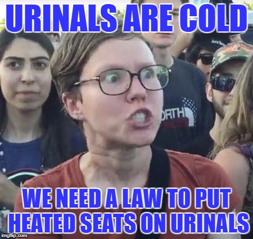 It is Cold When I Pee. | URINALS ARE COLD; WE NEED A LAW TO PUT HEATED SEATS ON URINALS | image tagged in triggered feminist,urinal,heated seat,cold,snowflake | made w/ Imgflip meme maker