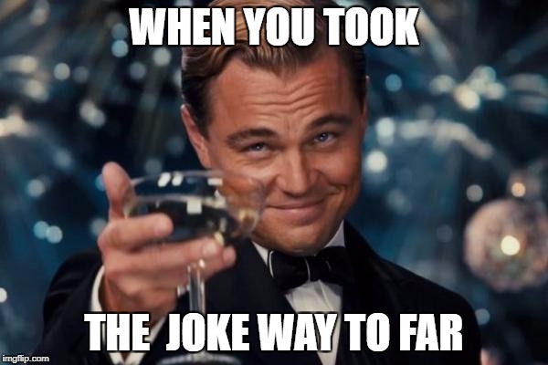 why that as a mean joke | WHEN YOU TOOK; THE  JOKE WAY TO FAR | image tagged in memes,leonardo dicaprio cheers | made w/ Imgflip meme maker