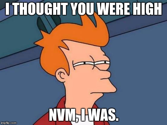 Futurama Fry | I THOUGHT YOU WERE HIGH; NVM, I WAS. | image tagged in memes,futurama fry | made w/ Imgflip meme maker