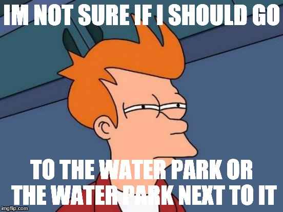 Futurama Fry | IM NOT SURE IF I SHOULD GO; TO THE WATER PARK OR THE WATER PARK NEXT TO IT | image tagged in memes,futurama fry | made w/ Imgflip meme maker