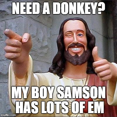 Buddy Christ Meme | NEED A DONKEY? MY BOY SAMSON HAS LOTS OF EM | image tagged in memes,buddy christ | made w/ Imgflip meme maker