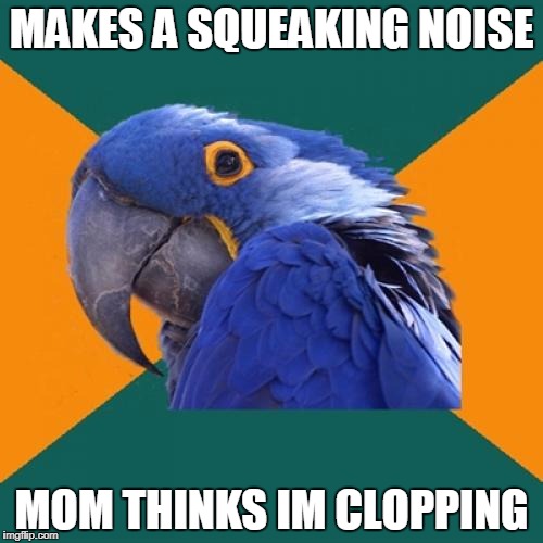 Paranoid Parrot Meme | MAKES A SQUEAKING NOISE; MOM THINKS IM CLOPPING | image tagged in memes,paranoid parrot | made w/ Imgflip meme maker