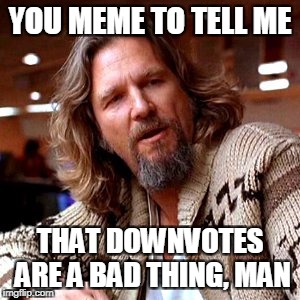 Lebowski downvotes | YOU MEME TO TELL ME; THAT DOWNVOTES ARE A BAD THING, MAN | image tagged in memes,confused lebowski | made w/ Imgflip meme maker