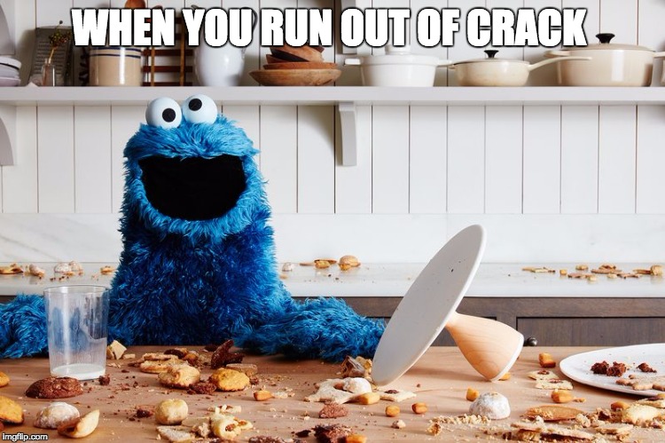 WHEN YOU RUN OUT OF CRACK | image tagged in cookie monster | made w/ Imgflip meme maker