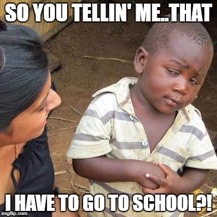 Third World Skeptical Kid Meme | SO YOU TELLIN' ME..THAT; I HAVE TO GO TO SCHOOL?! | image tagged in memes,third world skeptical kid | made w/ Imgflip meme maker