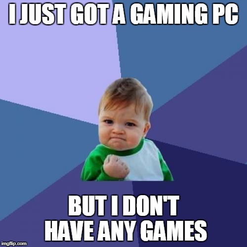 Success Kid | I JUST GOT A GAMING PC; BUT I DON'T HAVE ANY GAMES | image tagged in memes,success kid | made w/ Imgflip meme maker
