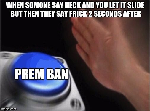 Blank Nut Button Meme | WHEN SOMONE SAY HECK AND YOU LET IT SLIDE BUT THEN THEY SAY FRICK 2 SECONDS AFTER; PREM BAN | image tagged in blank blue button | made w/ Imgflip meme maker