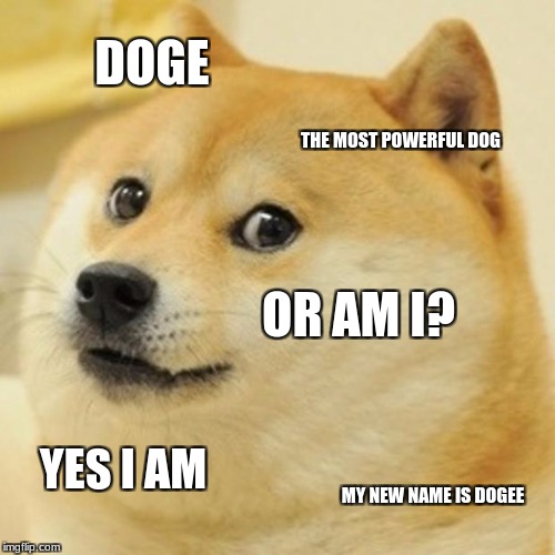 Doge Meme | DOGE; THE MOST POWERFUL DOG; OR AM I? YES I AM; MY NEW NAME IS DOGEE | image tagged in memes,doge | made w/ Imgflip meme maker