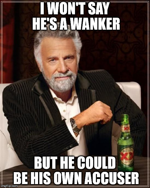 The Most Interesting Man In The World Meme | I WON'T SAY HE'S A WANKER BUT HE COULD BE HIS OWN ACCUSER | image tagged in memes,the most interesting man in the world | made w/ Imgflip meme maker