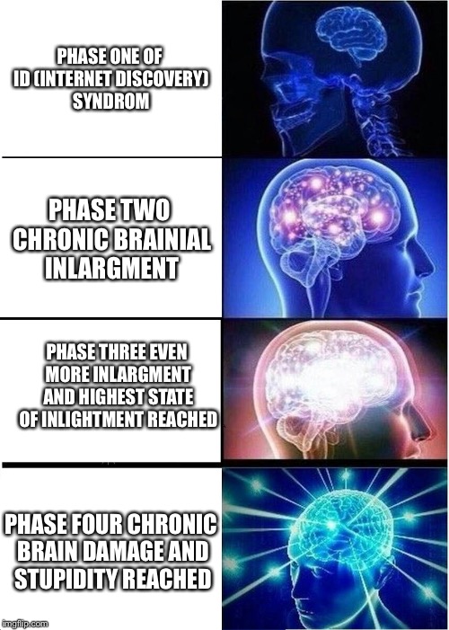 Expanding Brain Meme | PHASE ONE OF ID (INTERNET DISCOVERY) SYNDROM; PHASE TWO CHRONIC BRAINIAL INLARGMENT; PHASE THREE EVEN MORE INLARGMENT AND HIGHEST STATE OF INLIGHTMENT REACHED; PHASE FOUR CHRONIC BRAIN DAMAGE AND STUPIDITY REACHED | image tagged in memes,expanding brain | made w/ Imgflip meme maker