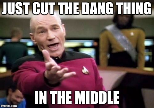 Picard Wtf Meme | JUST CUT THE DANG THING IN THE MIDDLE | image tagged in memes,picard wtf | made w/ Imgflip meme maker