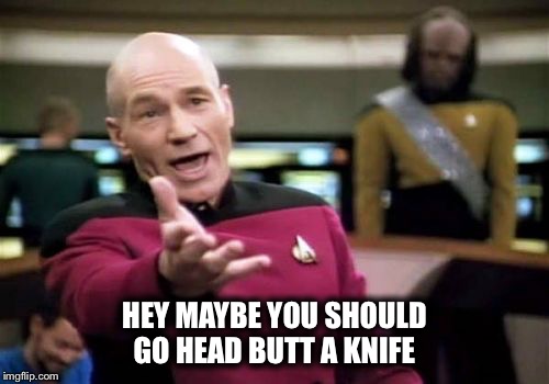 Picard Wtf Meme | HEY MAYBE YOU SHOULD GO HEAD BUTT A KNIFE | image tagged in memes,picard wtf | made w/ Imgflip meme maker