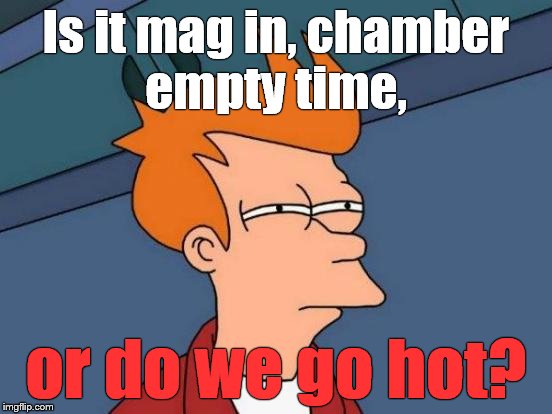 Futurama Fry Meme | Is it mag in, chamber empty time, or do we go hot? | image tagged in memes,futurama fry | made w/ Imgflip meme maker