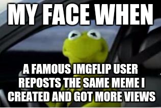Hey, I Created That Meme!!! | MY FACE WHEN; A FAMOUS IMGFLIP USER REPOSTS THE SAME MEME I CREATED AND GOT MORE VIEWS | image tagged in kermit the frog,memes,funny,imgflip,imgflip users,reposts | made w/ Imgflip meme maker