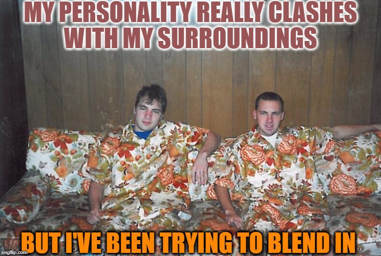 how to make friends  | MY PERSONALITY REALLY CLASHES WITH MY SURROUNDINGS; BUT I'VE BEEN TRYING TO BLEND IN | image tagged in popular,making friends,memes,funny | made w/ Imgflip meme maker