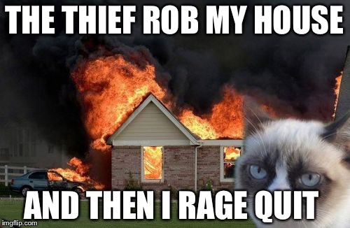 Burn Kitty | THE THIEF ROB MY HOUSE; AND THEN I RAGE QUIT | image tagged in memes,burn kitty,grumpy cat | made w/ Imgflip meme maker