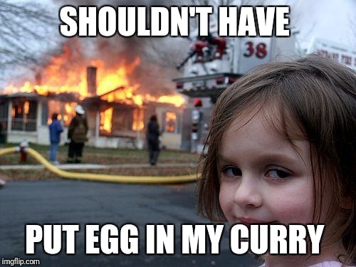 Disaster Girl Meme | SHOULDN'T HAVE; PUT EGG IN MY CURRY | image tagged in memes,disaster girl | made w/ Imgflip meme maker