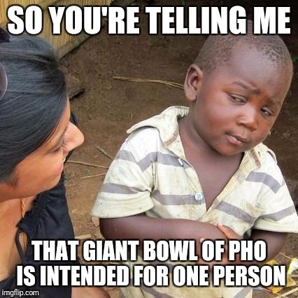 Seriously, I'm a fatty and that bowl was huge | SO YOU'RE TELLING ME; THAT GIANT BOWL OF PHO IS INTENDED FOR ONE PERSON | image tagged in memes,third world skeptical kid | made w/ Imgflip meme maker