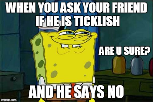 Don't You Squidward Meme | WHEN YOU ASK YOUR FRIEND IF HE IS TICKLISH; ARE U SURE? AND HE SAYS NO | image tagged in memes,dont you squidward | made w/ Imgflip meme maker