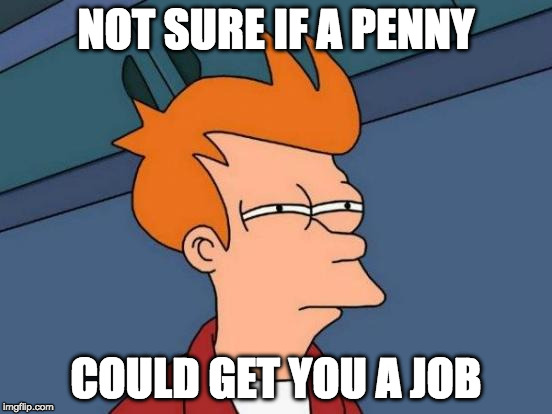 NOT SURE IF A PENNY COULD GET YOU A JOB | image tagged in memes,futurama fry | made w/ Imgflip meme maker
