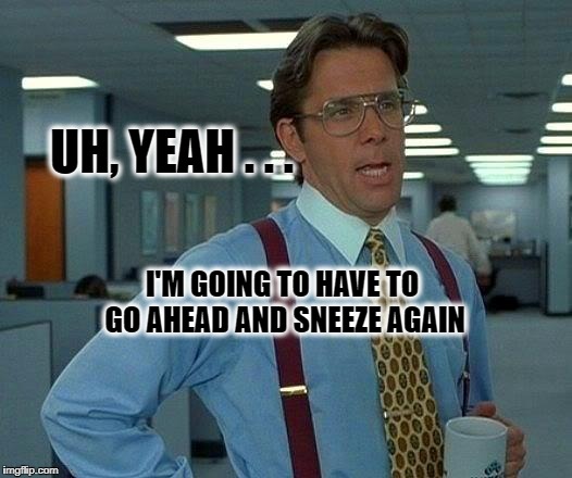 That Would Be Great | UH, YEAH . . . I'M GOING TO HAVE TO GO AHEAD AND SNEEZE AGAIN | image tagged in memes,that would be great,cold,flu,sneeze | made w/ Imgflip meme maker