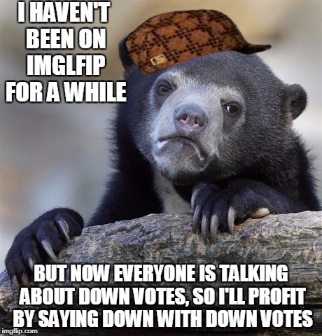 Confession Bear Meme | I HAVEN'T BEEN ON IMGLFIP FOR A WHILE; BUT NOW EVERYONE IS TALKING ABOUT DOWN VOTES, SO I'LL PROFIT BY SAYING DOWN WITH DOWN VOTES | image tagged in memes,confession bear,scumbag | made w/ Imgflip meme maker