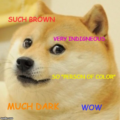 When your White Latin American friend starts implying that they aren't. | SUCH BROWN; VERY INDIGNEOUS; SO "PERSON OF COLOR"; WOW; MUCH DARK | image tagged in memes,doge | made w/ Imgflip meme maker