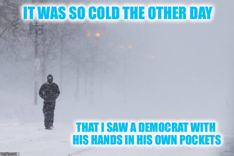 That's Cold...Brrrr! |  IT WAS SO COLD THE OTHER DAY; THAT I SAW A DEMOCRAT WITH HIS HANDS IN HIS OWN POCKETS | image tagged in cold weather,democrat,bad pun | made w/ Imgflip meme maker