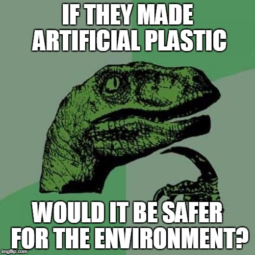 What About Artificial Plastic?  | IF THEY MADE ARTIFICIAL PLASTIC; WOULD IT BE SAFER FOR THE ENVIRONMENT? | image tagged in memes,philosoraptor | made w/ Imgflip meme maker