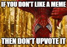 Spiderman's "vote" | IF YOU DON'T LIKE A MEME; THEN DON'T UPVOTE IT | image tagged in memes,spiderman approves,down with downvotes weekend | made w/ Imgflip meme maker